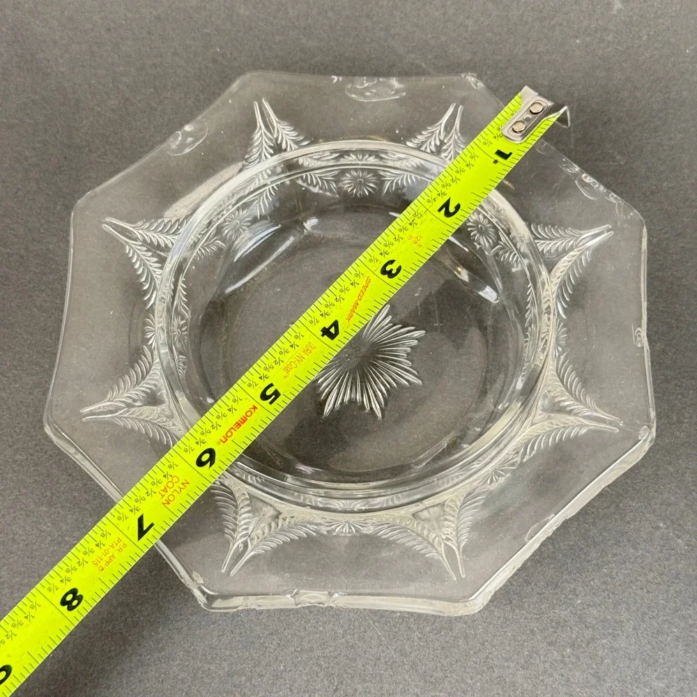Pressed Glass Floral Etched Butter Dish with Lid, Hexagonal Base Clear Vintage